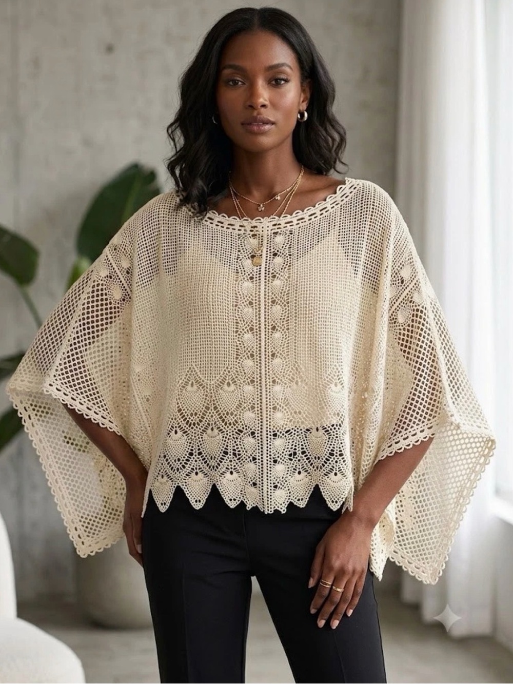 Anthropologie Sparrow Cream Crocheted Dolman Sleeve Poncho Scalloped Boho